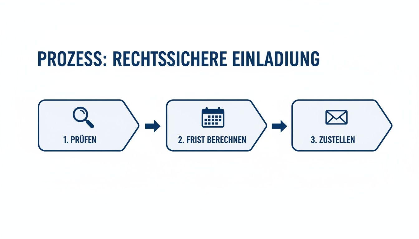 Flussdiagramm zum Prozess einer rechtssicheren Einladung mit den Schritten Prüfen, Frist berechnen und Zustellen.