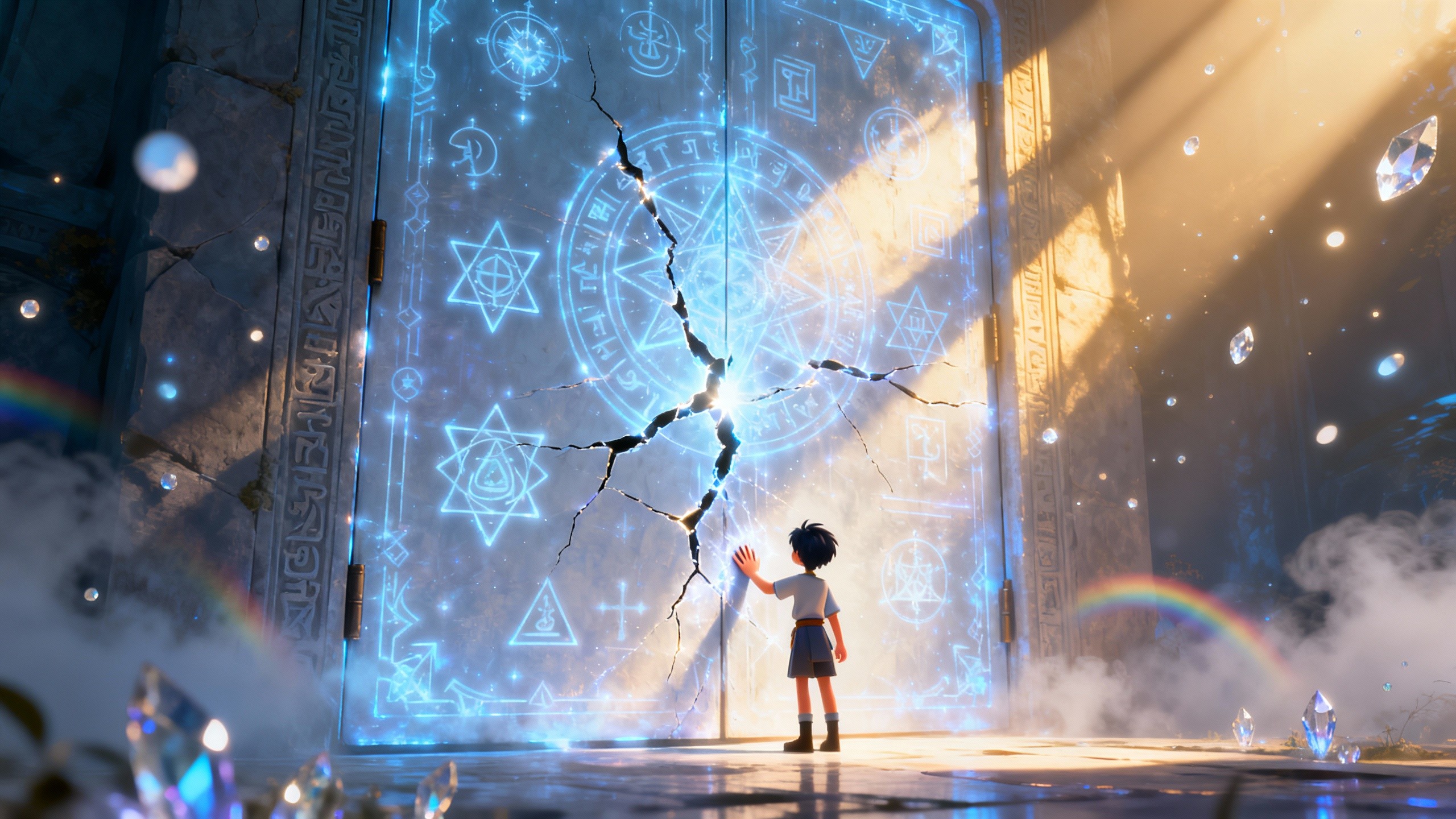 A powerful anime 3D fantasy cinematic scene of a small human figure standing before a gigantic sealed door