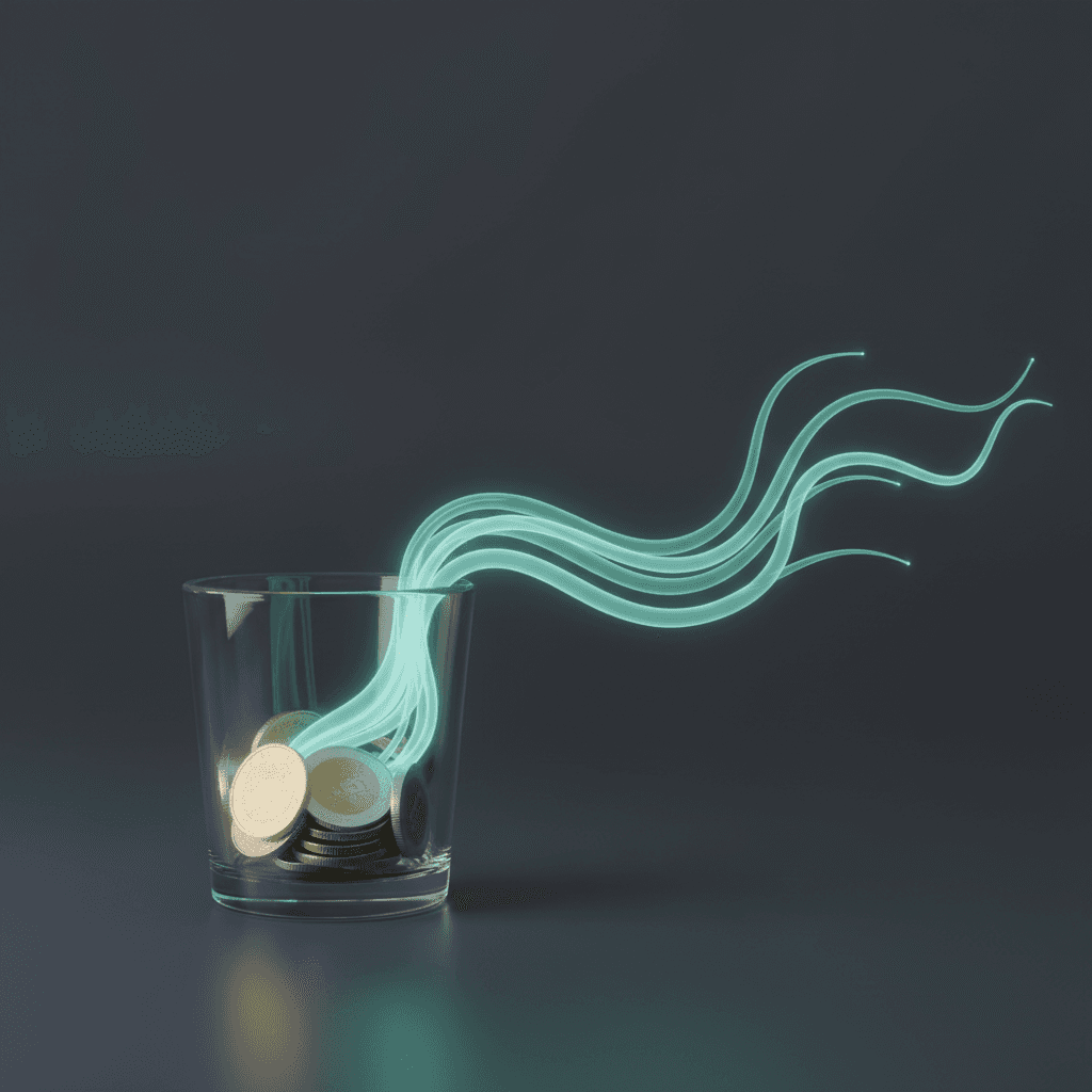 A luminous glass cup filled with a few glowing coins, symbolizing the magnified opportunity and ultra-low entry risk of cent account forex trading.