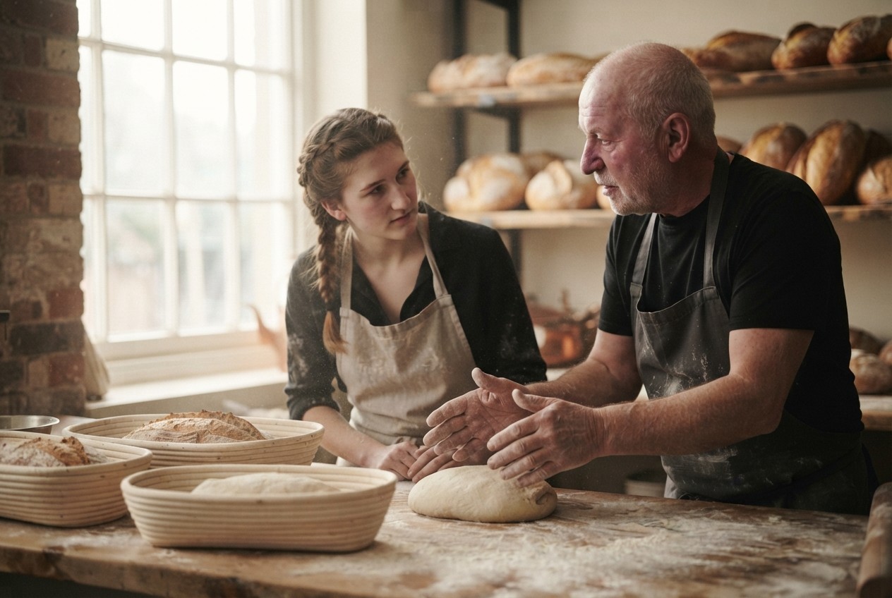 A mentor showing a trainee how to shape a loaf