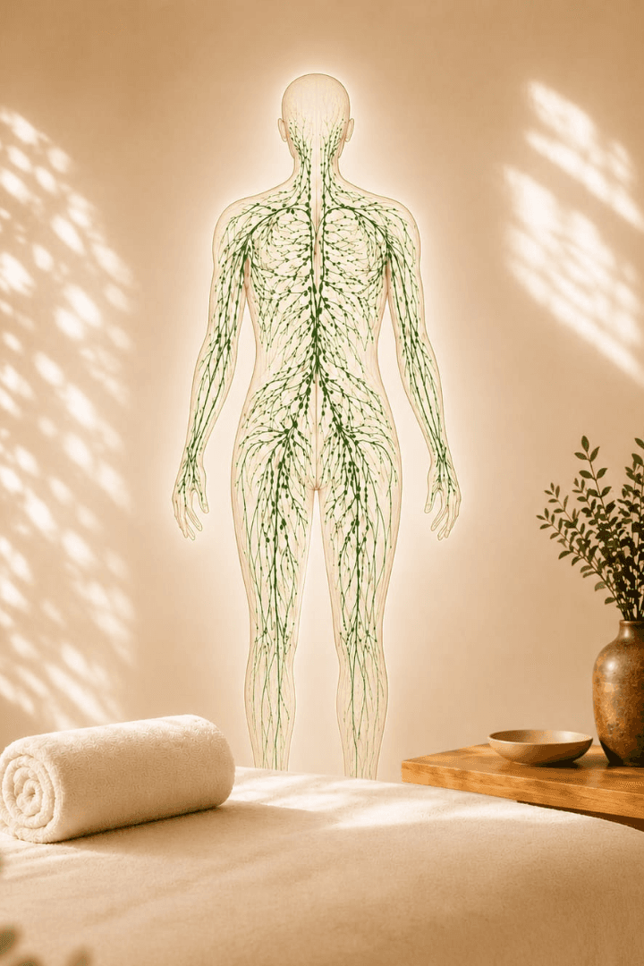 photographie d'un cabinet de massage aux tons naturels, avec un corps en transparence qui montre les synapses du corps
