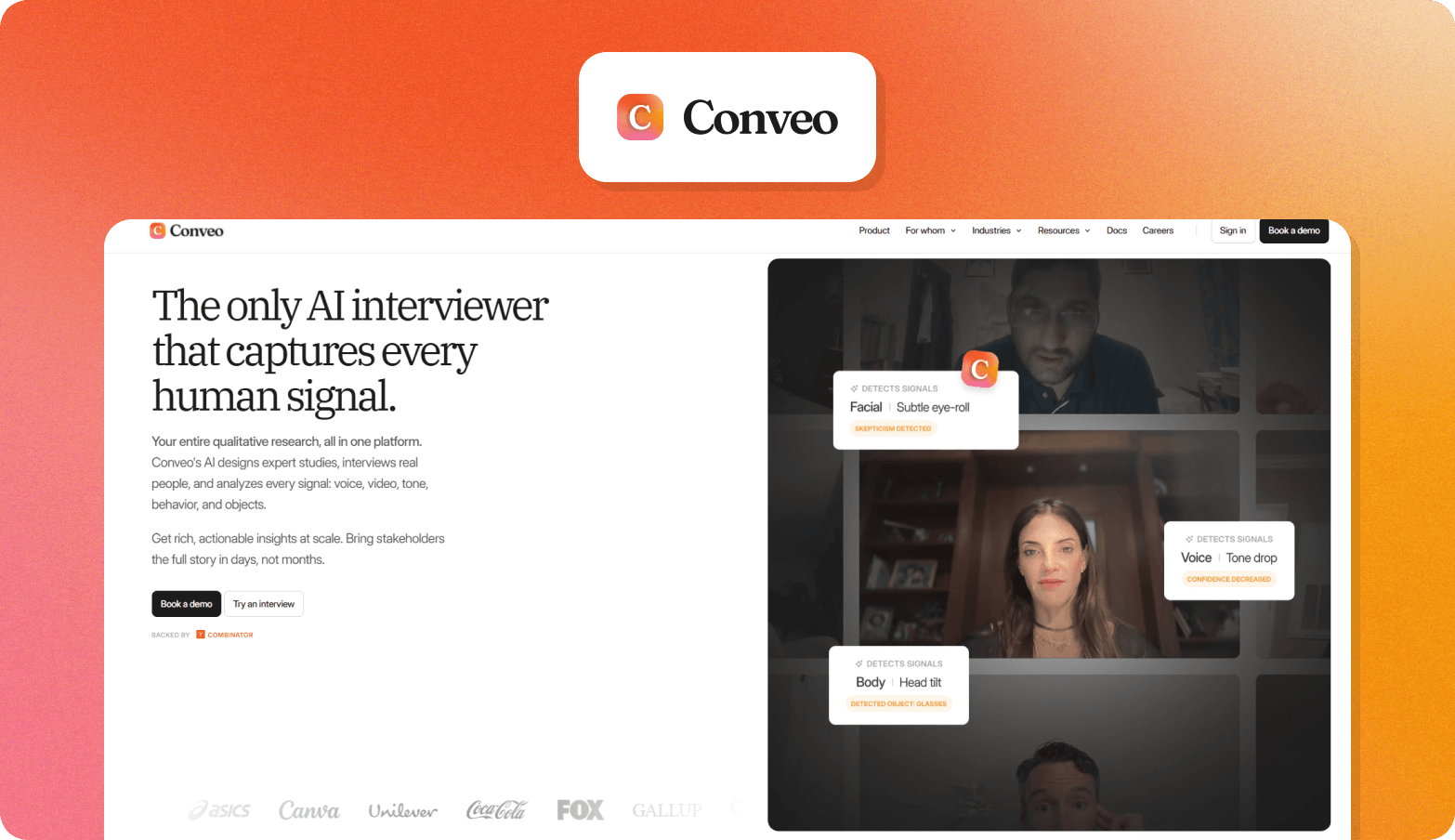 Conveo homepage showing the tagline "The only AI interviewer that captures every human signal," with three video interview thumbnails on the right displaying detected facial, voice, and body signal callouts, and client logos including Asics, Canva, Unilever, Coca-Cola, and Fox along the bottom.