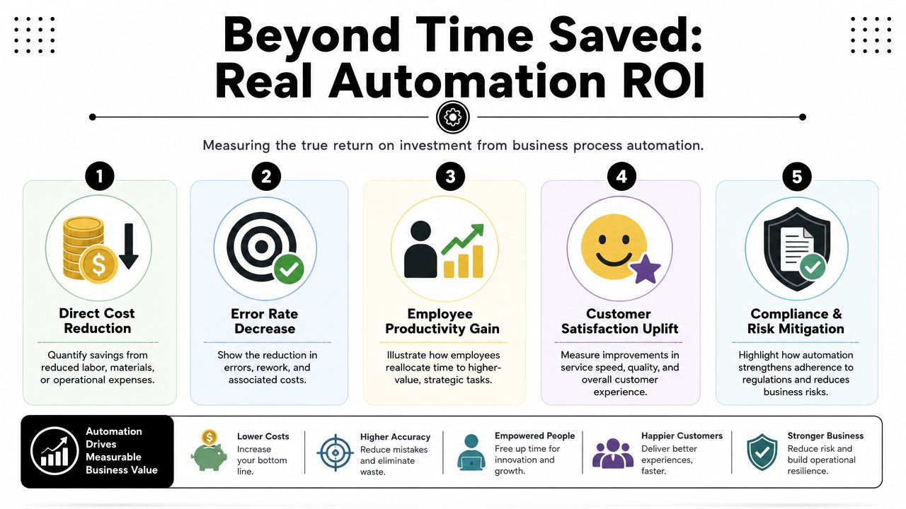 An infographic illustrating five key benefits and ROI metrics of implementing business process automation for organizations.