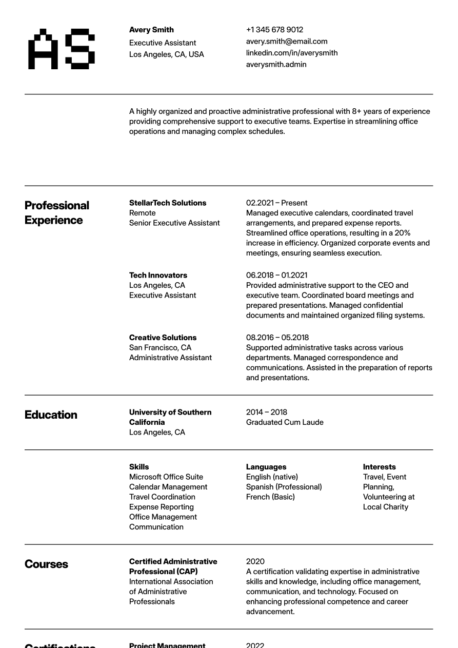 Executive administrative assistant resume example emphasizing calendar management and executive support