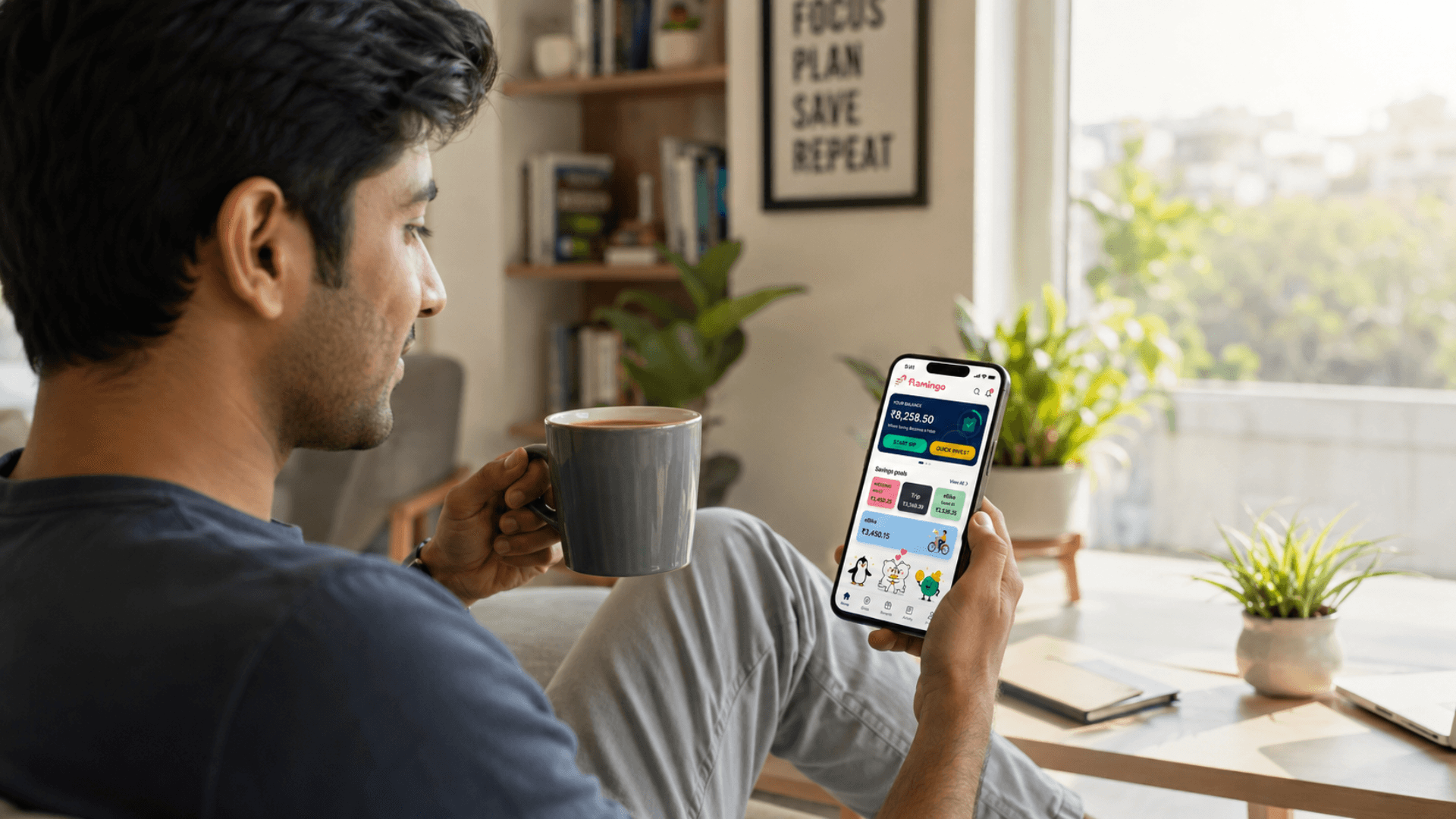                                Young professional tracking daily money habits on a smartphone app.