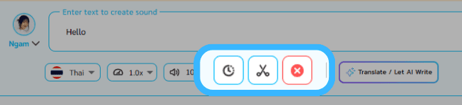 Text-to-speech interface with controls for timing, cutting, and deleting text.