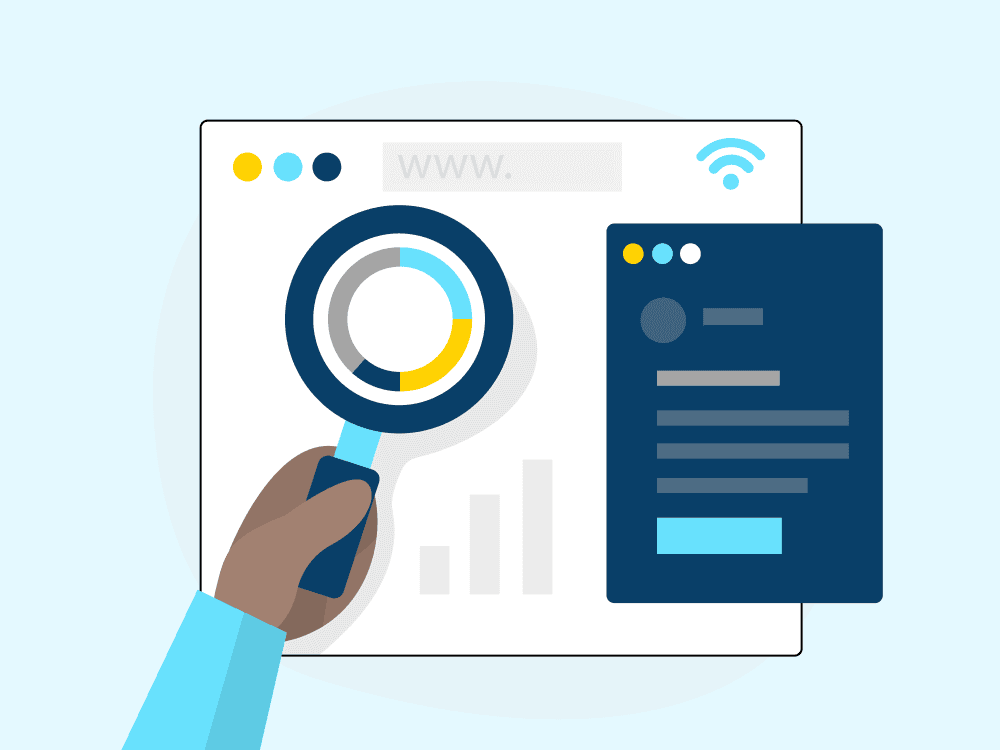 An illustration of a webpage under a magnifying glass that reveals a circle graph.