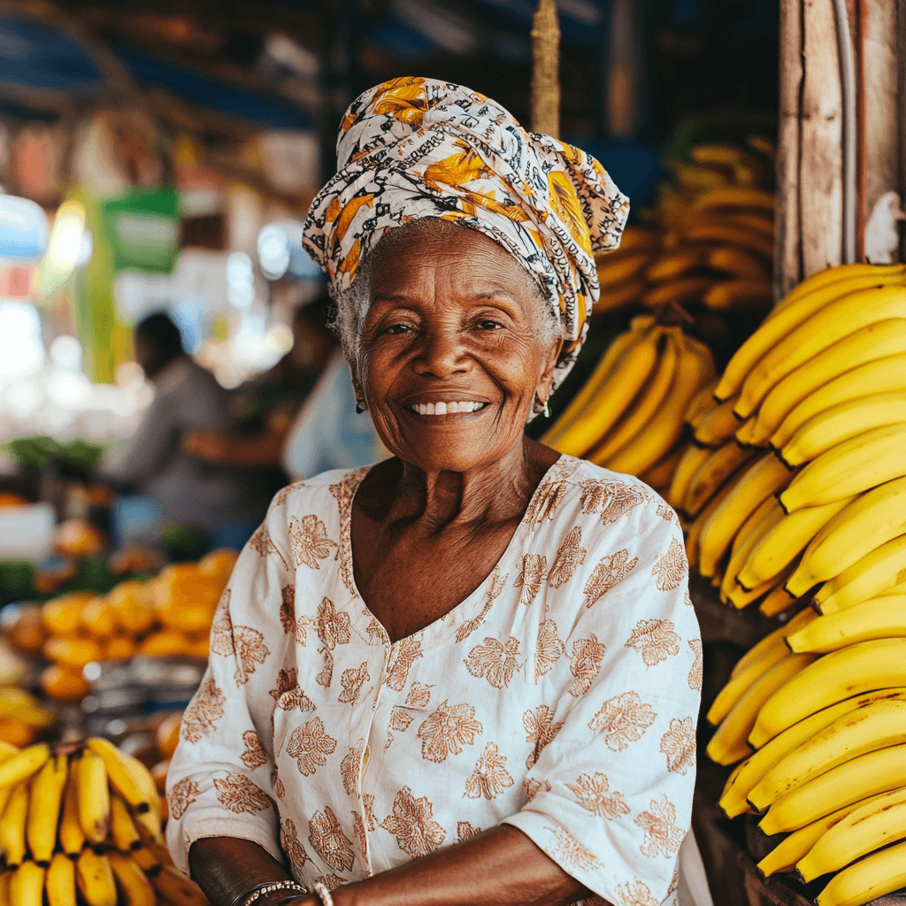 Une femme marchande caribéenne vend des bananes au marché - commerce local et événements communautaires sur ProEvent97.