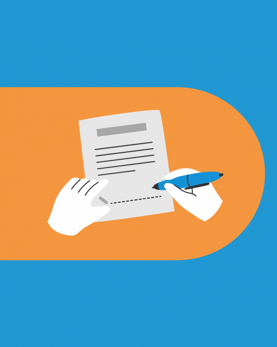 Flache Animation, die die Hände einer Person zeigt, die den Vertrag unterzeichnet.