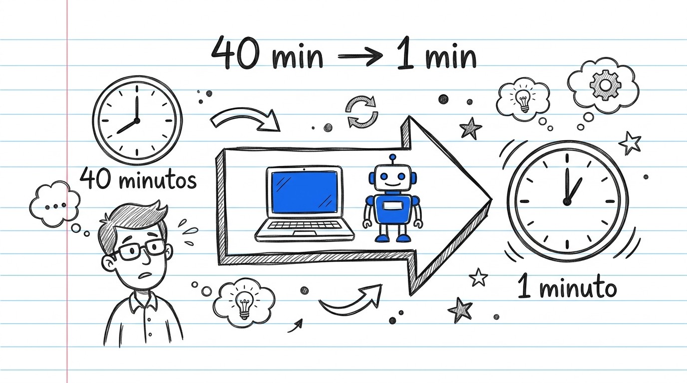 Ilustración doodle de emprendedor automatizando con IA: dos relojes mostrando 40 minutos y 1 minuto conectados por flecha con robot y laptop azul