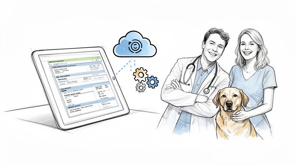 Illustration of a smiling veterinarian, a woman, and a dog, with a tablet connected to cloud data.