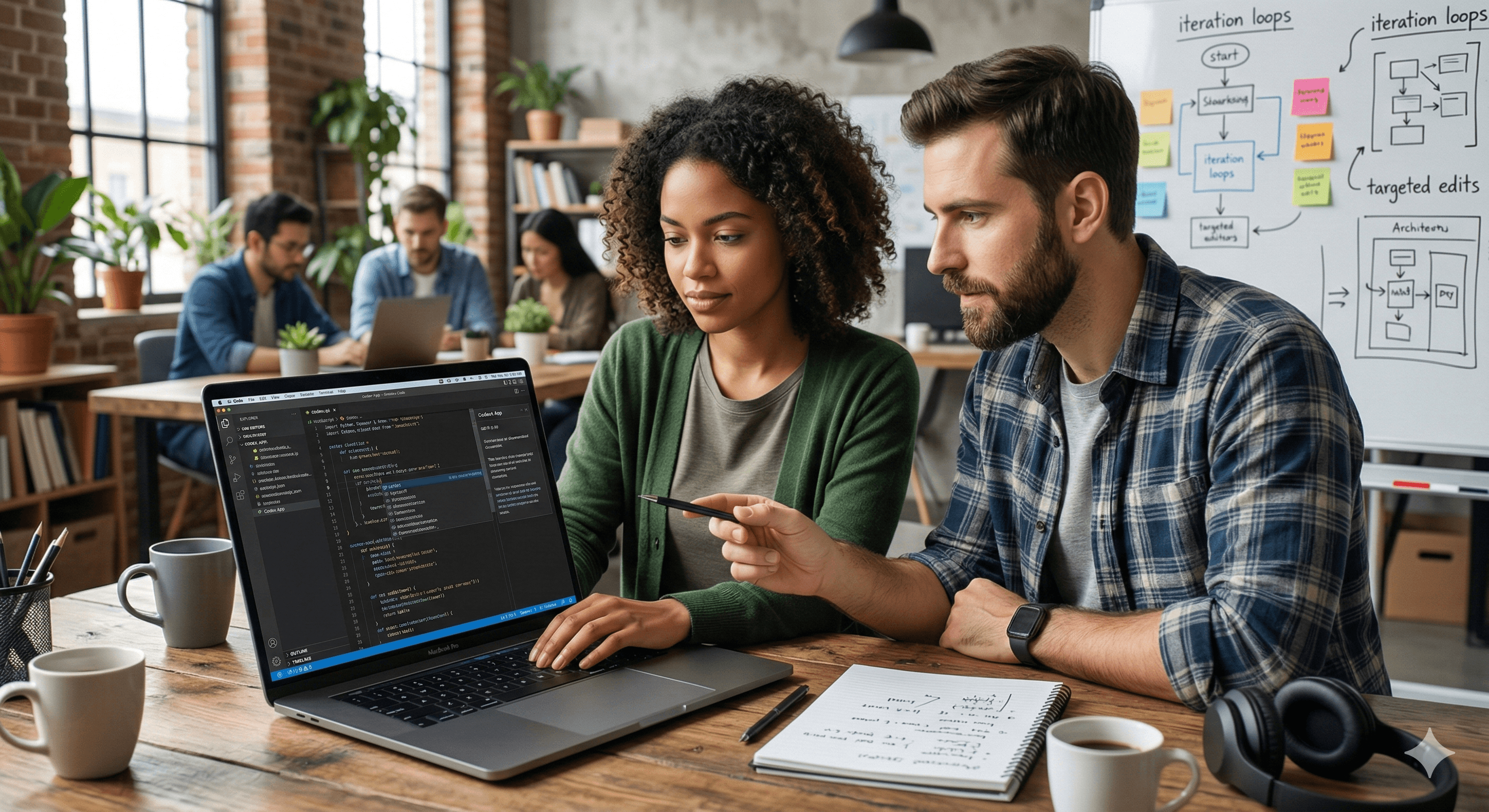 A diverse group of professionals collaborate at a modern workspace, actively coding and discussing on laptops, with a whiteboard full of diagrams in the background, highlighting teamwork and advanced technology using real-time coding tools like GPT-5.3-Codex-Spark.