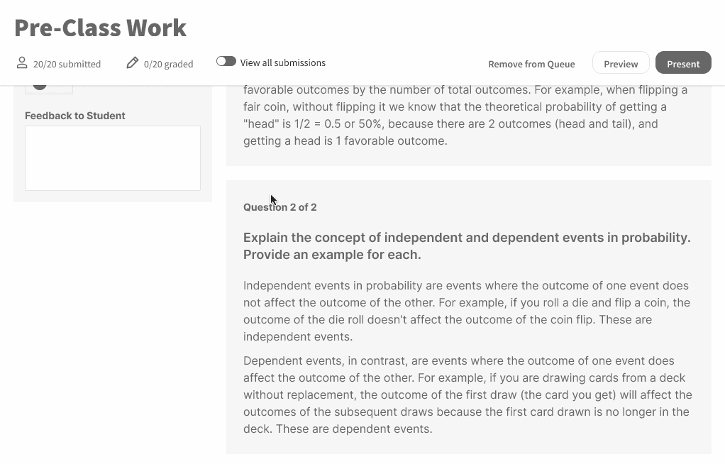 The AI grading assistant UI: draft rubric-anchored feedback in a panel, nothing published to students