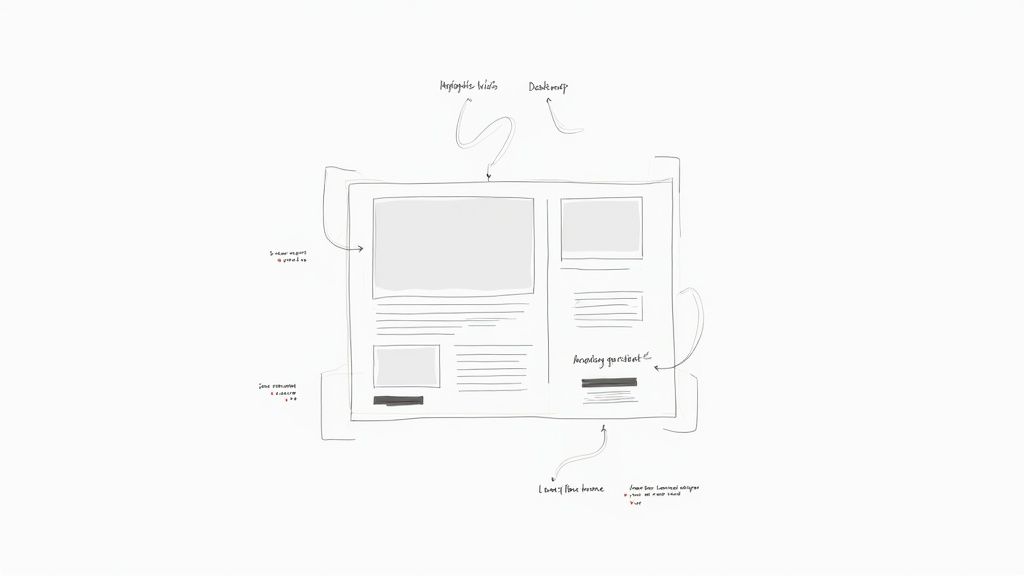 Hand-drawn wireframe sketch of a direct booking website layout with content sections and annotations.