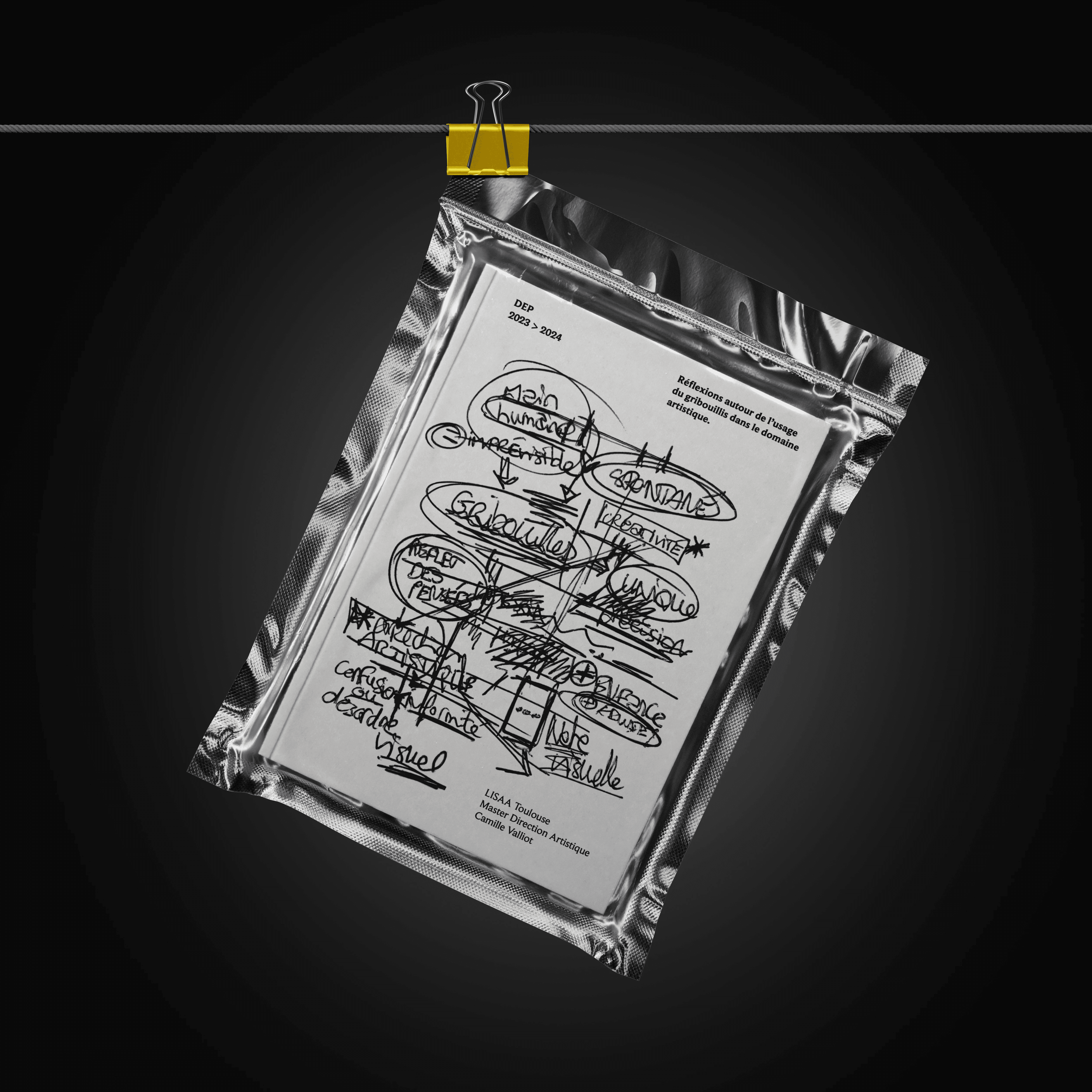 Couverture de magazine sous blister, design gribouillis noir et blanc 