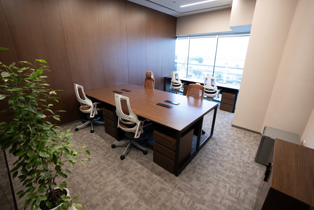 Bright serviced offices with ergonomic chairs, wood desks, and panoramic city view.