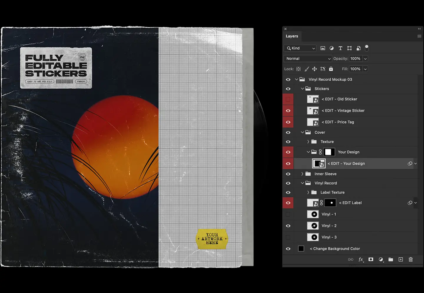 Vinyl record mockup layered Photoshop PSD showing organized smart object layers
