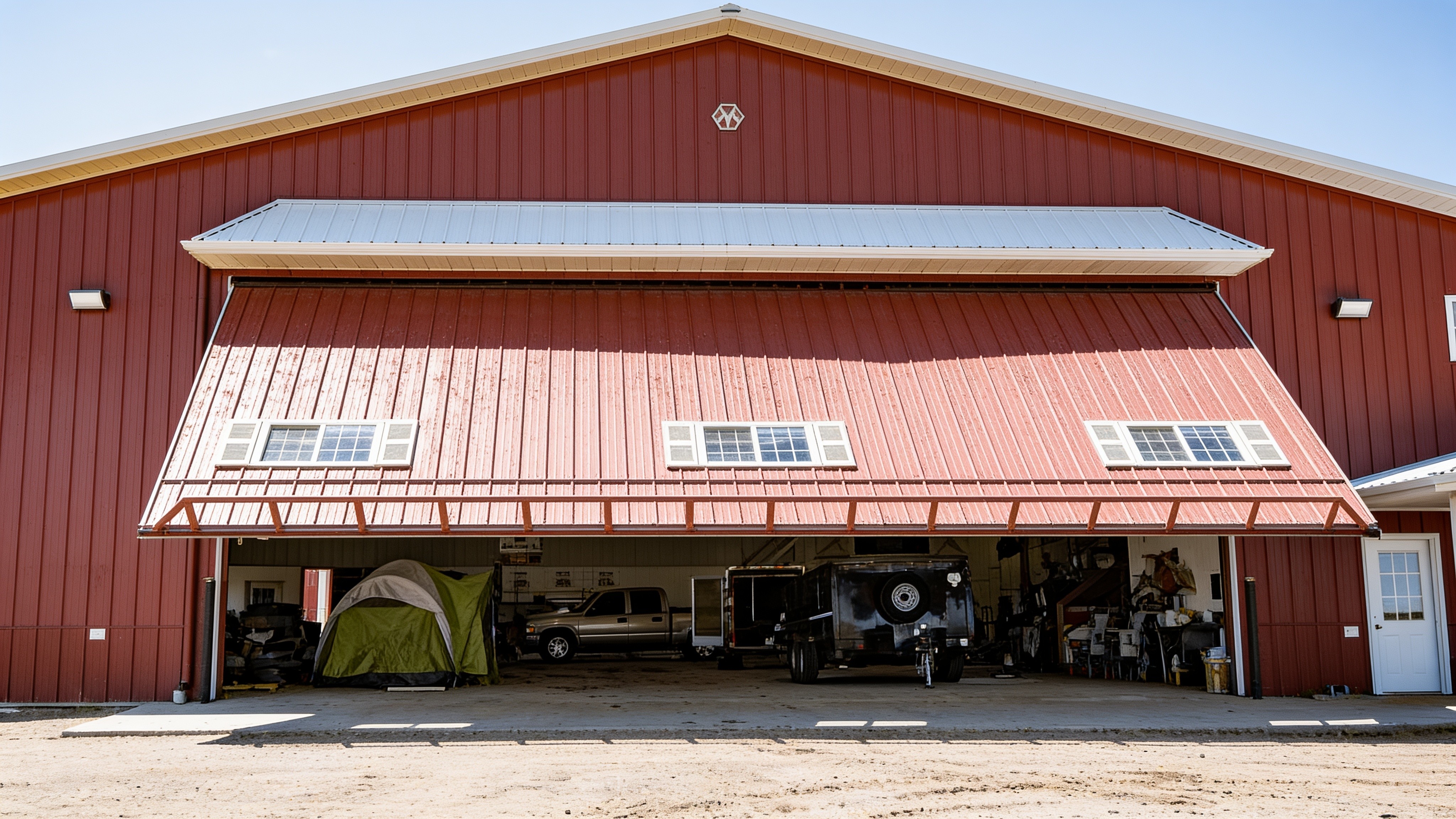 Red farm shop with a raised hydraulic door and open equipment bay
