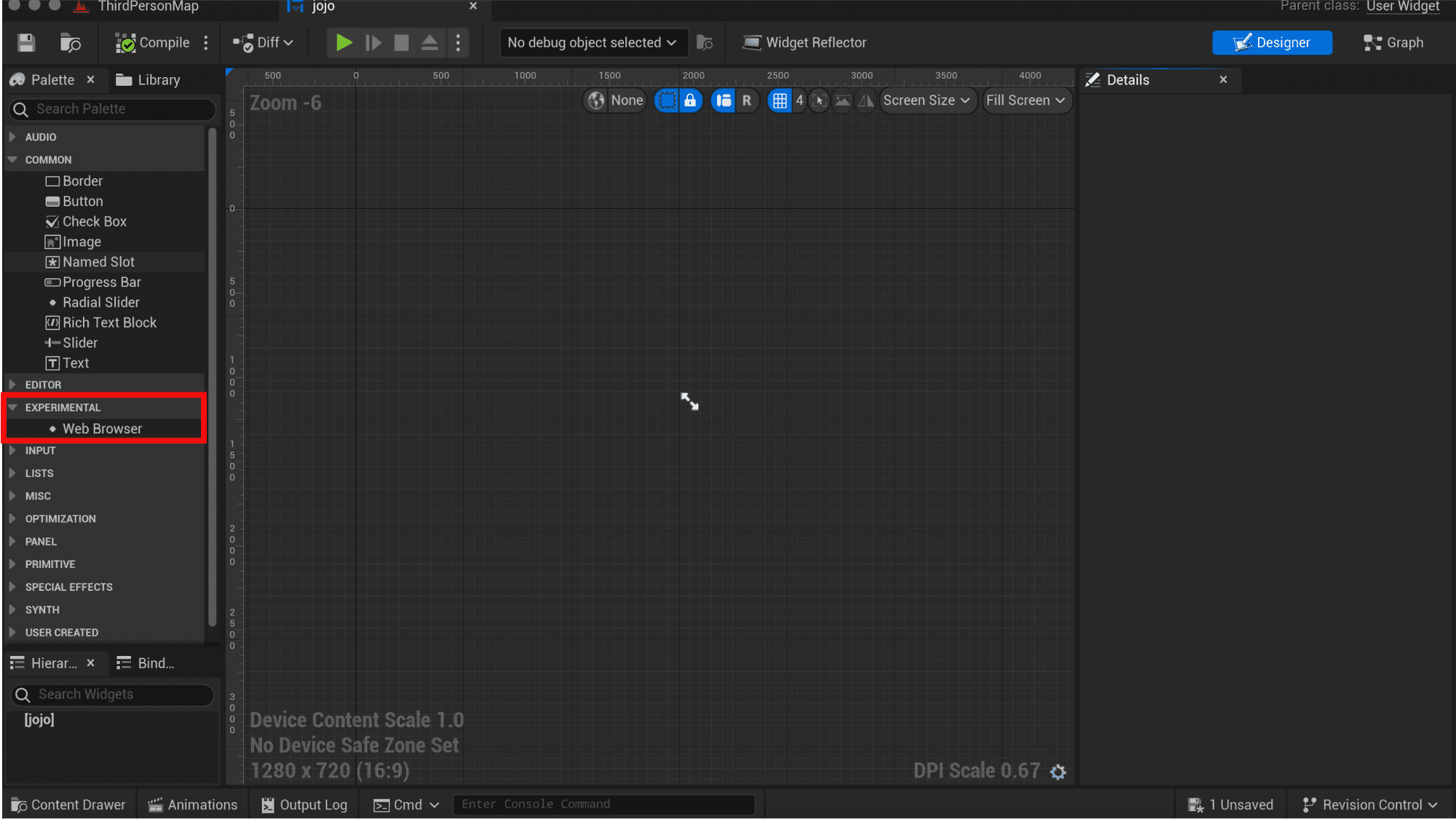 Search for the "Web Browser" widget in the left Palette.