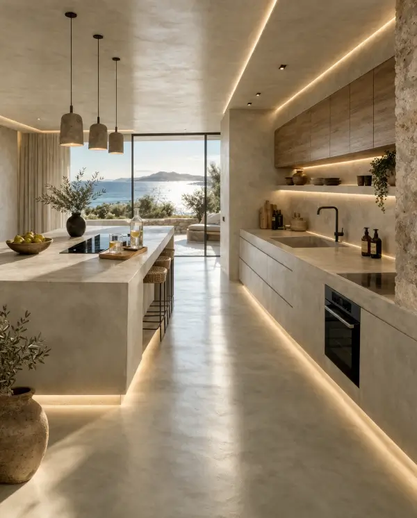 Κουζίνα με πατητή τσιμεντοκονία σε minimal luxury κατοικία στα Μεσόγεια από την Design Chama