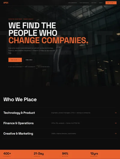 Recruitment agency website prompt — dark near-black and electric orange executive recruitment talent agency website design preview