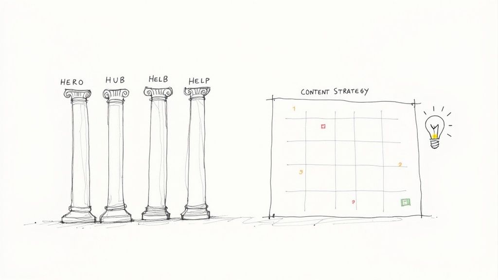 Sketch illustrating content strategy with four pillars labeled Hero, Hub, Helb, Help, and a grid.