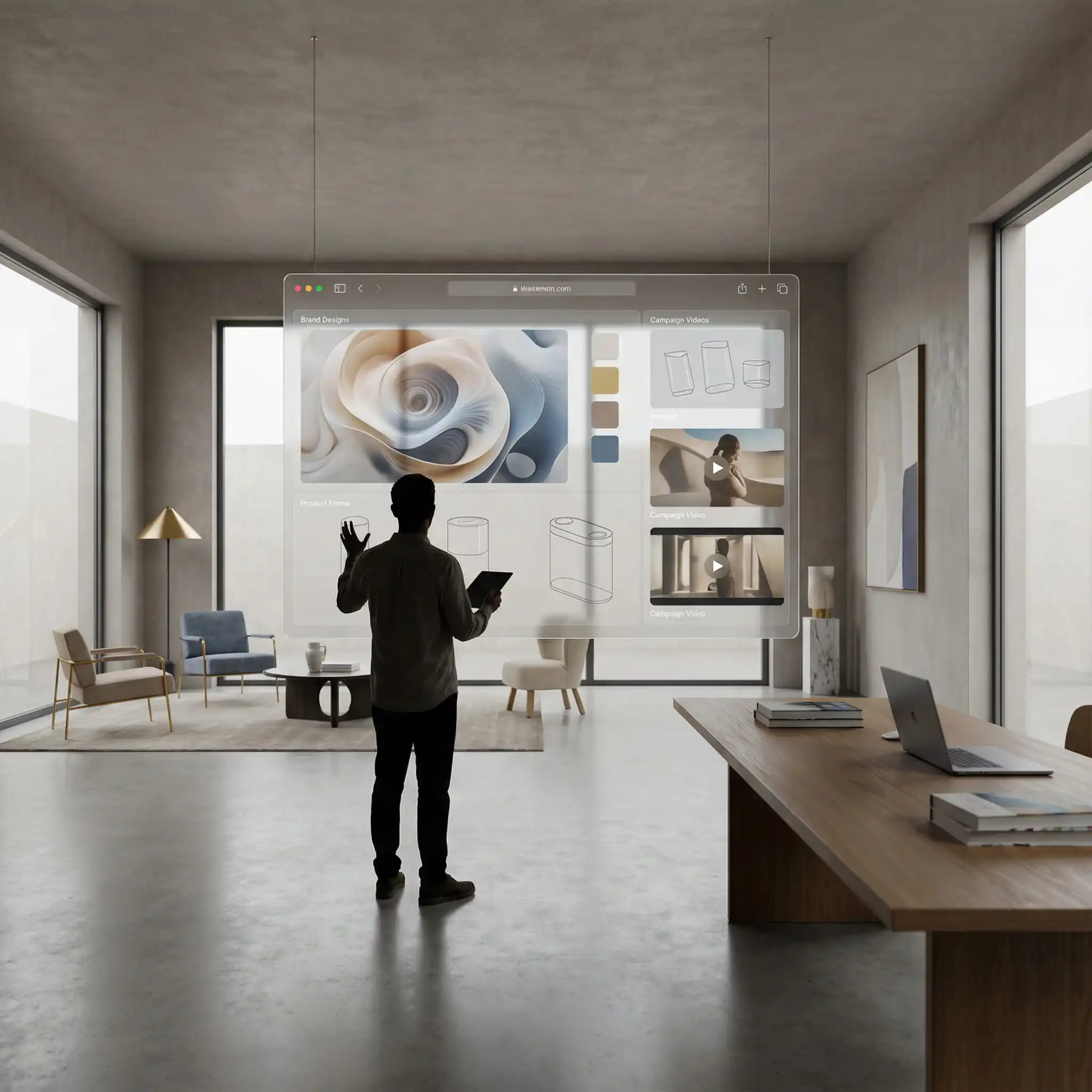 a man standing in a modern room and holding a tablet and interacting with a large, transparent holographic screen displaying a website