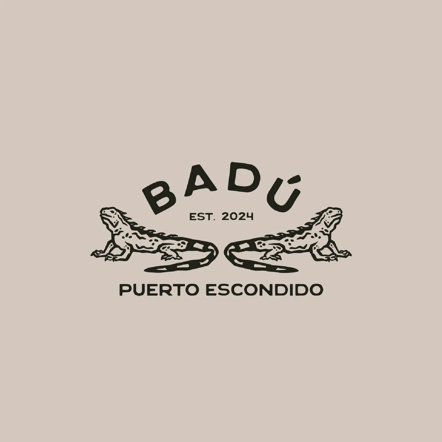 Badu full stacked logo with two iguanas on a biege background