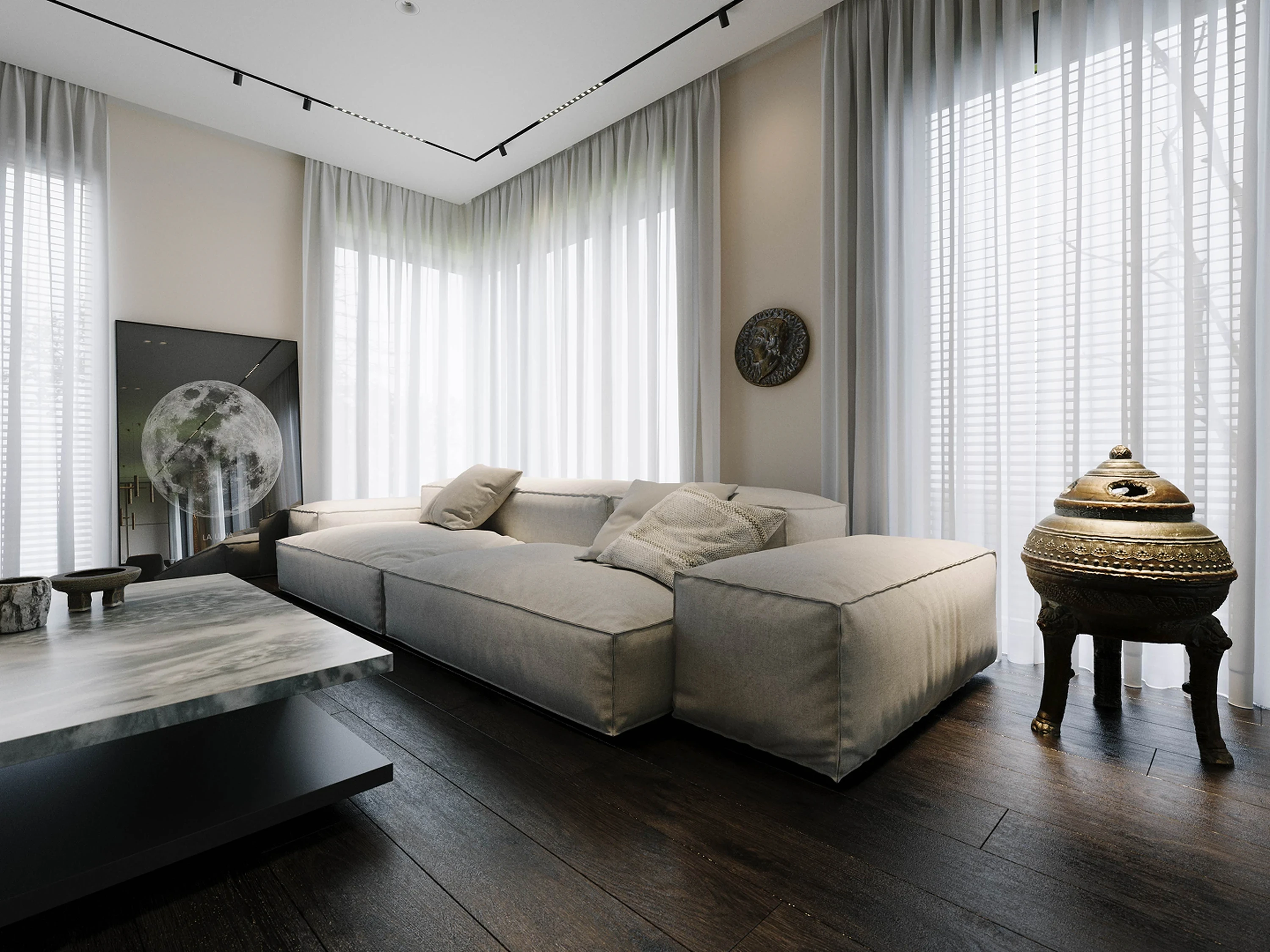 Salle à manger — table en chêne et suspensions minimalistes.