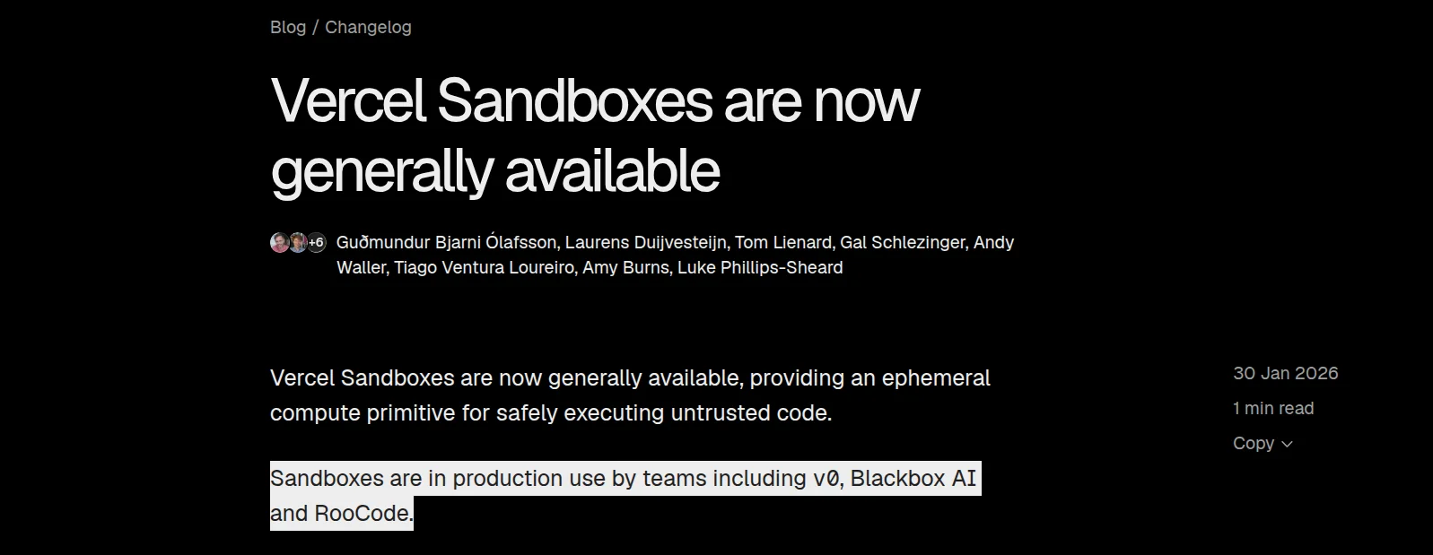 Vercel Sandboxes general availability announcement
