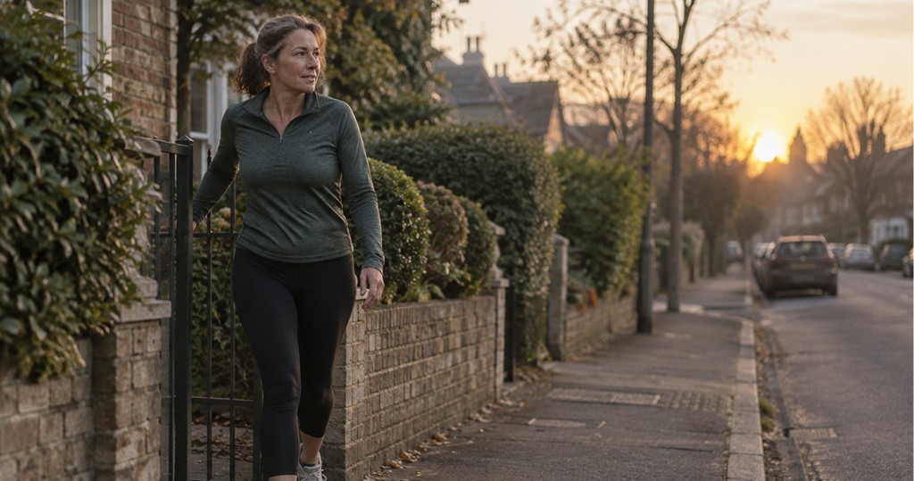 A woman in running clothes stepping out of her front gate onto a quiet street at dawn (AI-generated image)