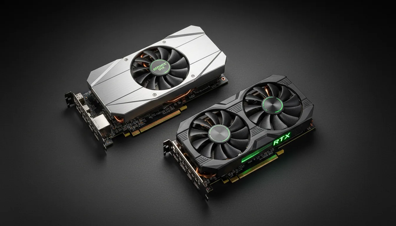 High-angle DSLR product photography of two powerful NVIDIA graphics cards, a GTX Founders Edition and an RTX dual-fan model, arranged diagonally on a dark, textured, matte studio background. The shot captures hyper-realistic detail on the brushed aluminum and black plastic shrouds. Soft studio lighting creates subtle highlights and soft shadows, emphasizing the industrial design. The entire image is in sharp focus with a very subtle, fine film grain.