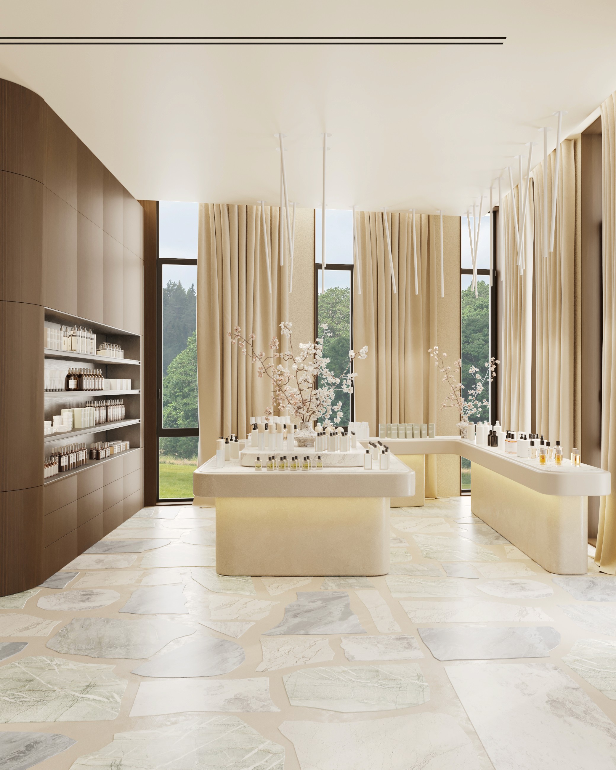 Modern spa interior with product displays, flowing curtains, and large windows showing greenery.