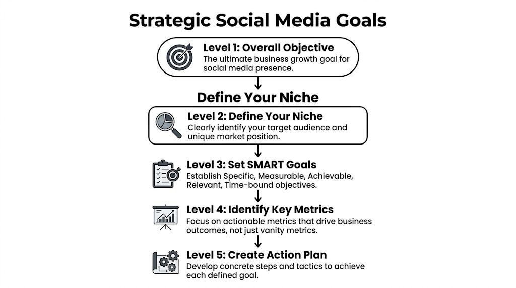 A five-level strategic hierarchy for developing successful social media goals to drive business growth.