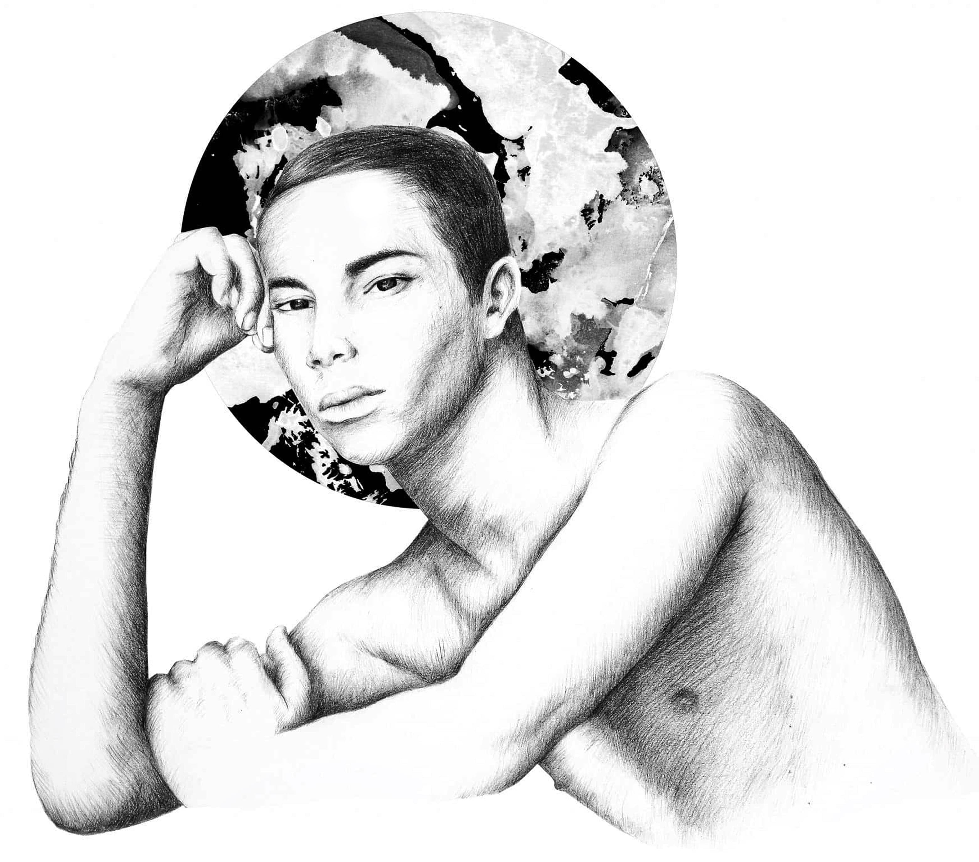 Hand-drawn graphite portrait of a man with a circular abstract background, capturing expression, light, and subtle texture through detailed pencil work.