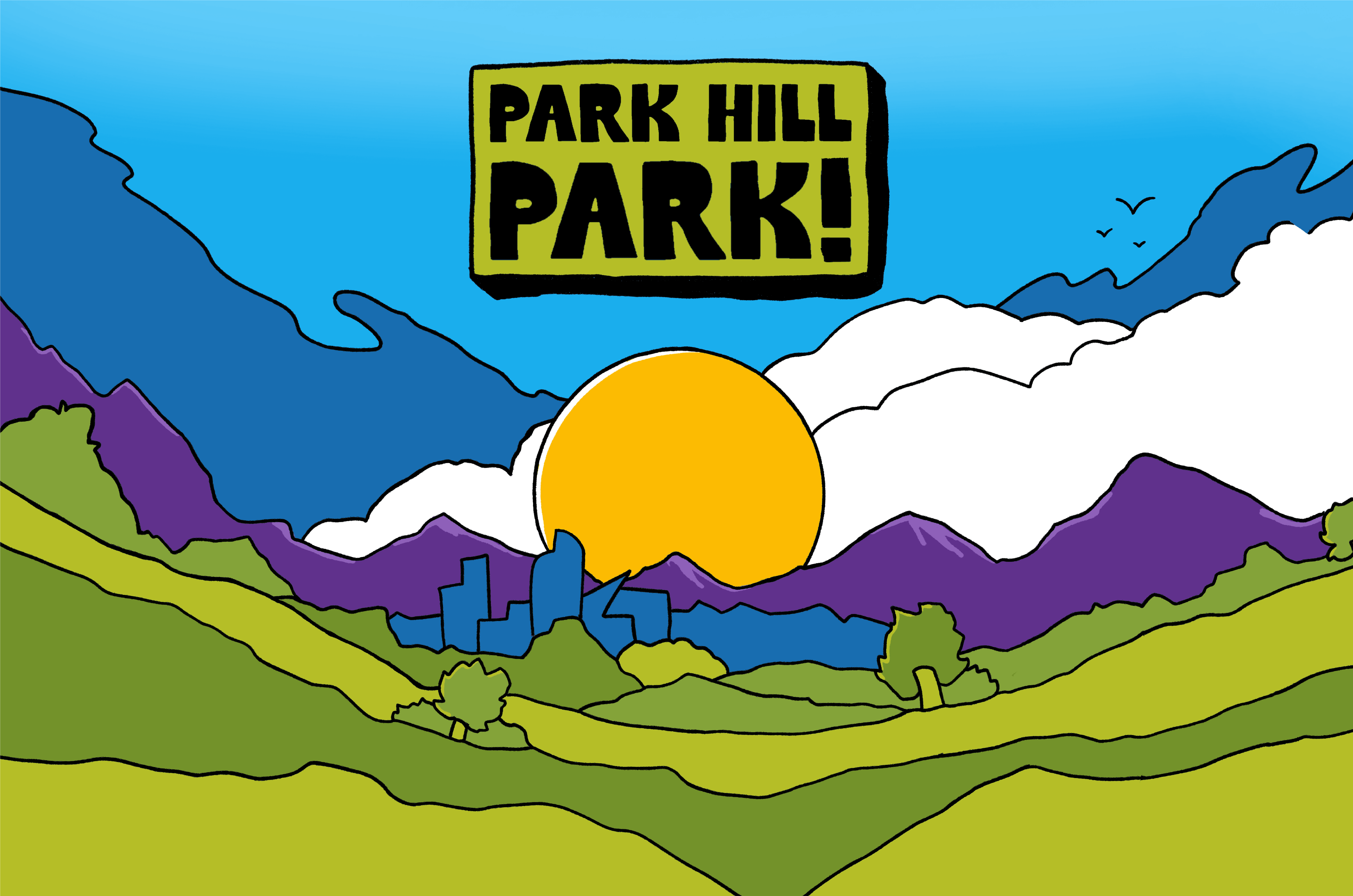 Cartoon image of Downtown Denver and the mountains