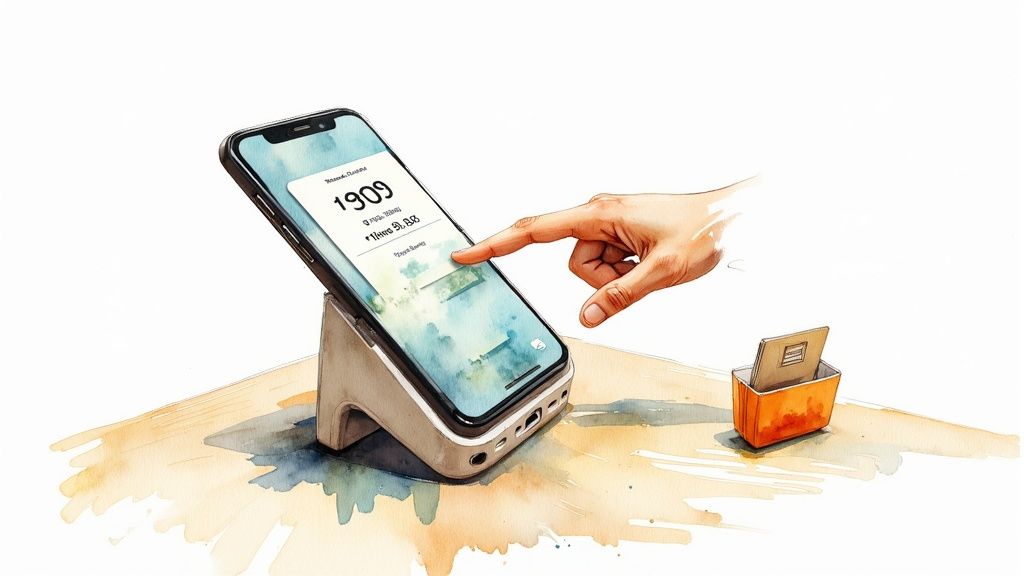 Watercolor illustration of a hand tapping a smartphone screen displaying a reward code '1909' on a stand.