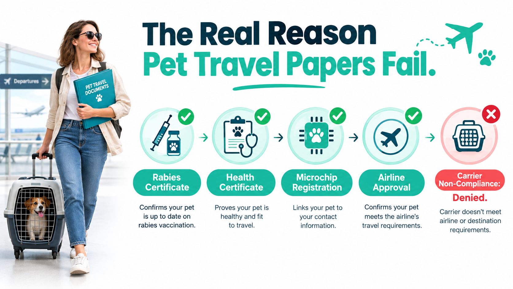 A traveler walking through an airport with her dog in a carrier and a pet documents folder.