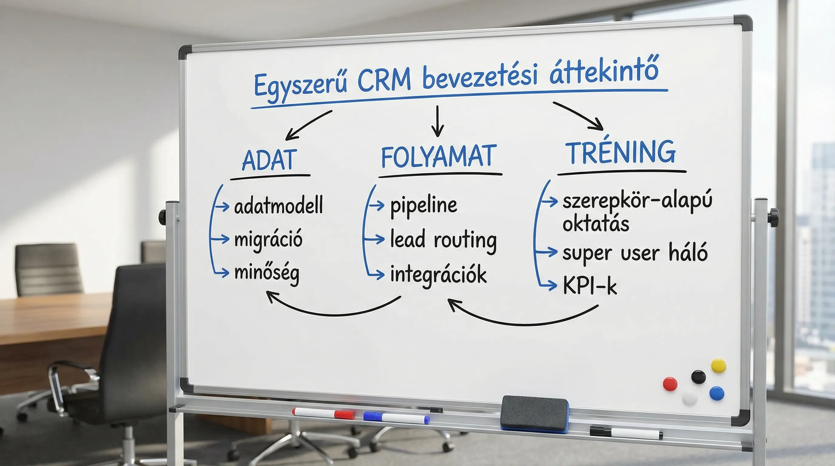 Egyszerű CRM bevezetési áttekintő ábra, három pillérrel (Adat, Folyamat, Tréning), és alattuk 3-3 kulcselem: adatmodell, migráció, minőség; pipeline, lead routing, integrációk; szerepkör-alapú oktatás, super user háló, KPI-k.