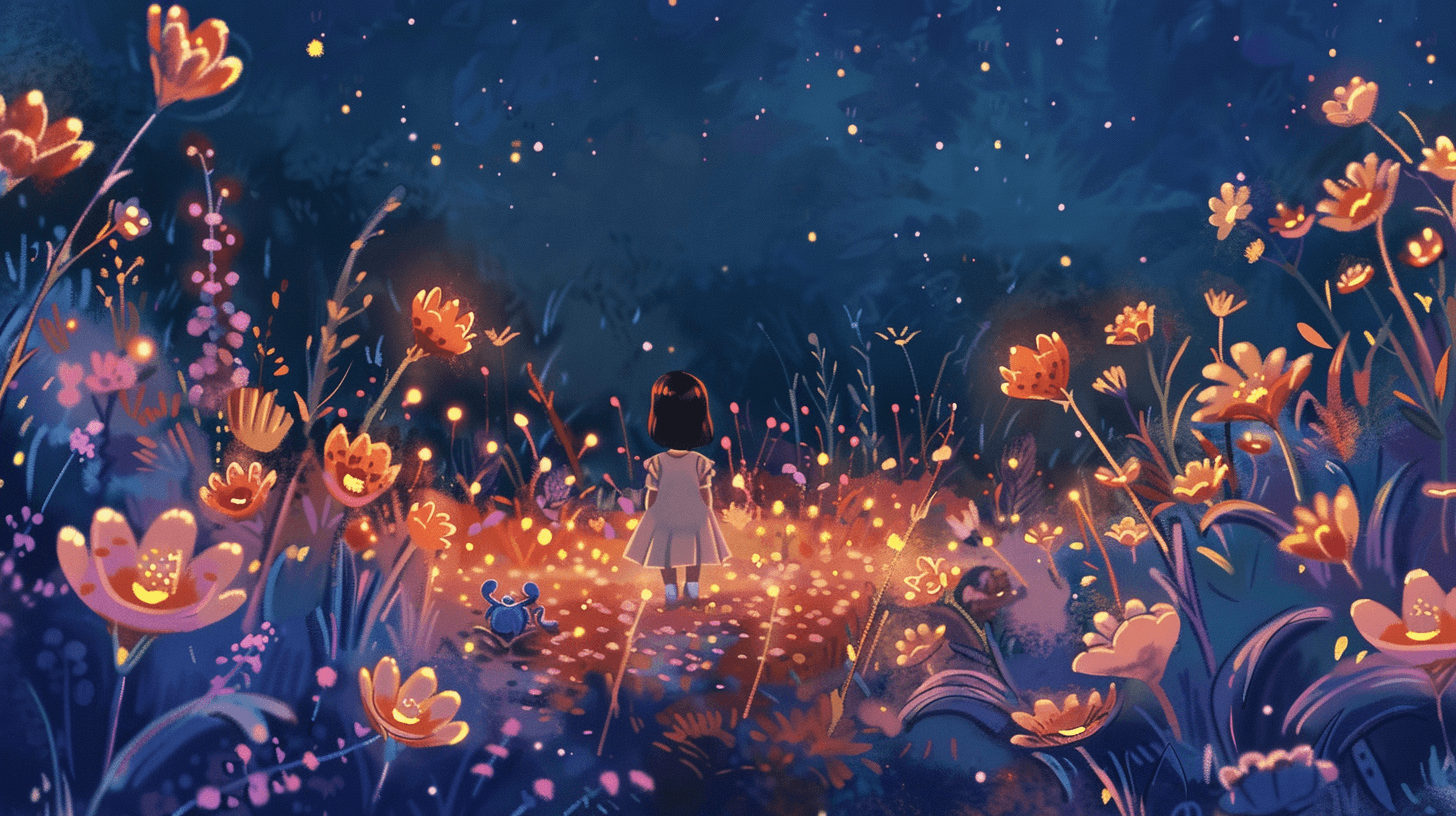 a very close-up of a little girl in an extraterrestrial garden with alien plants, glowing flowers