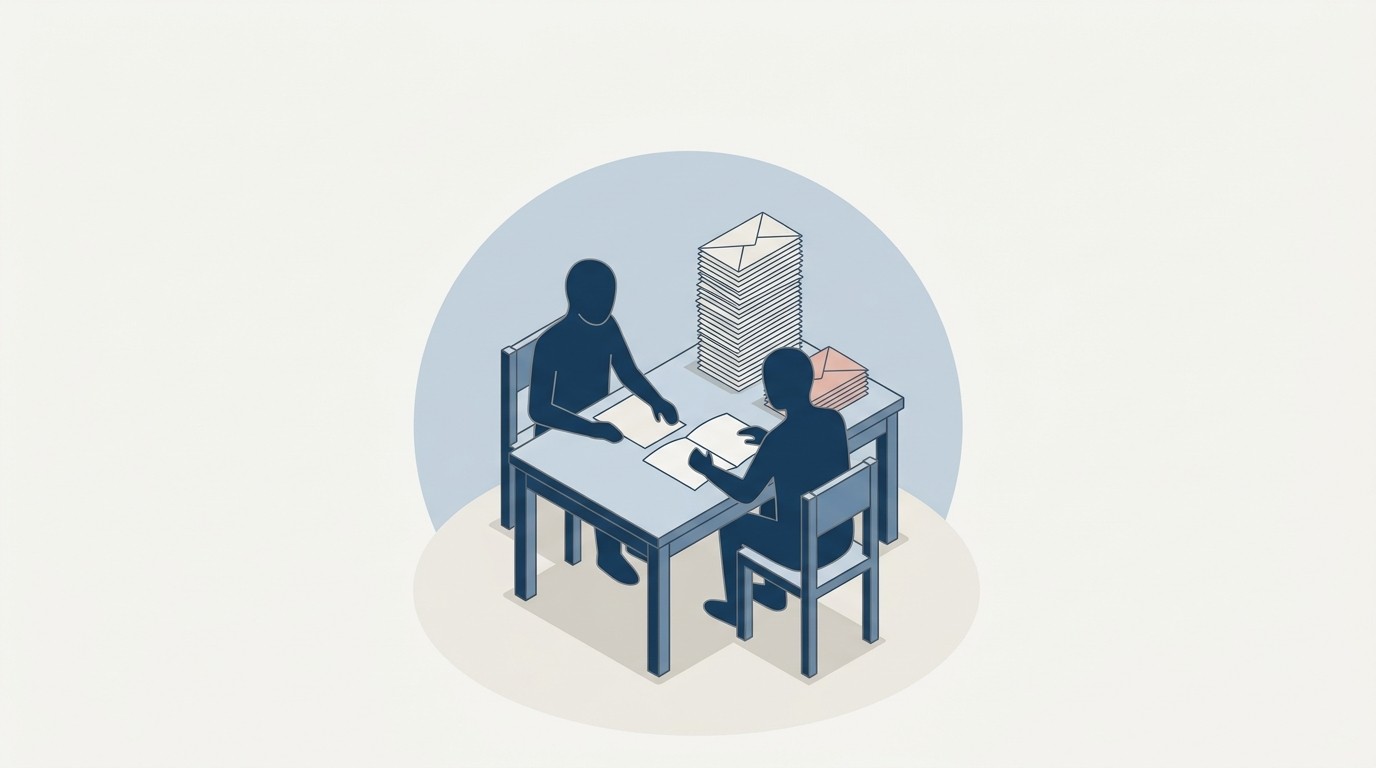 Isometrische Illustration zweier Silhouetten am Küchentisch neben einem turmhohen Stapel ungeöffneter Umschläge: Anlässe entstehen, Abschlüsse im Gespräch.