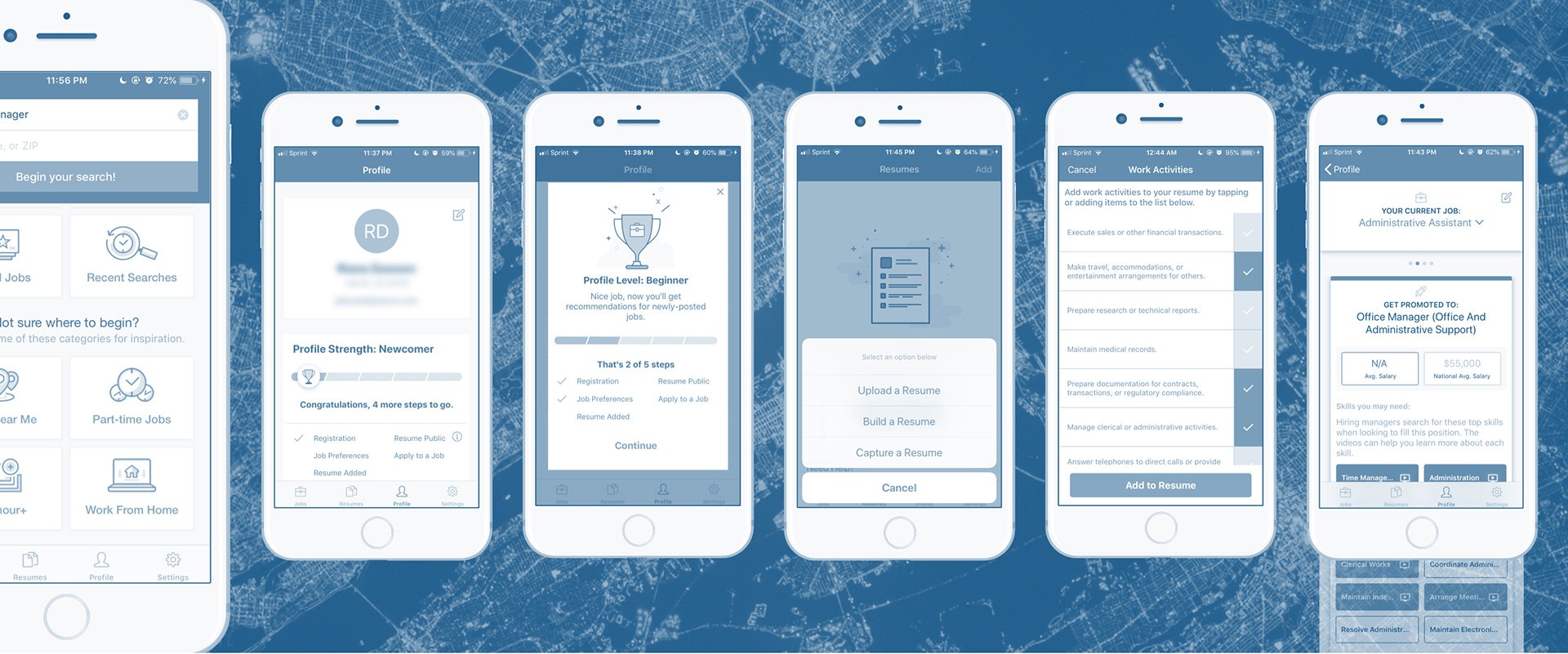 A series of design concepts showing for the CareerBuilder mobile app.
