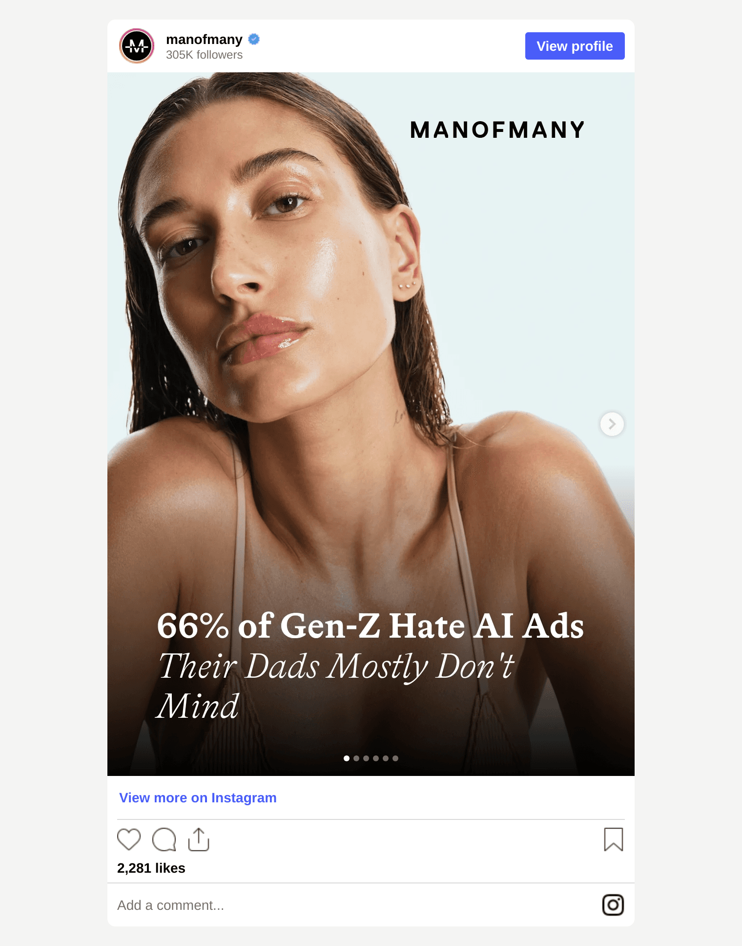 Instagram post by @manofmany: the internet generation trusts AI ads the least, citing the Bentley-Gallup survey