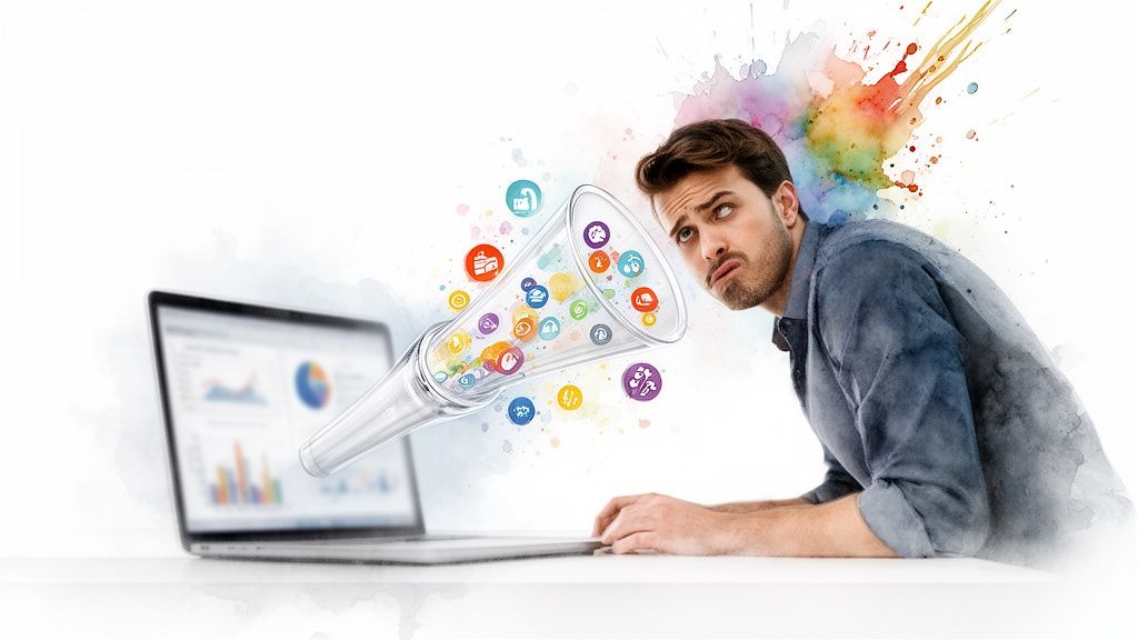 Curious man watching colorful data icons emerge from a funnel connected to a laptop display.