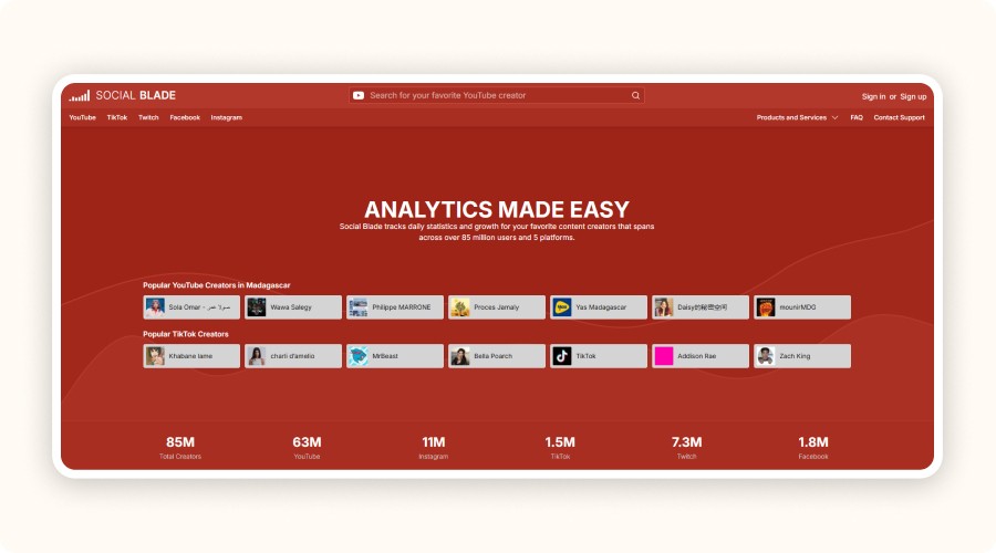 Social Blade Welcome Page