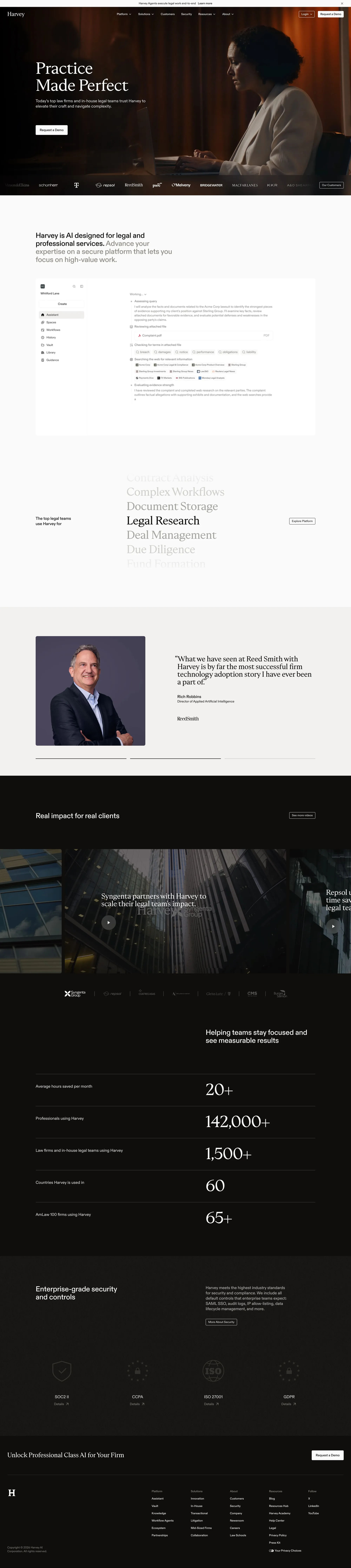 Harvey landing page screenshot showcasing AI and Tech design