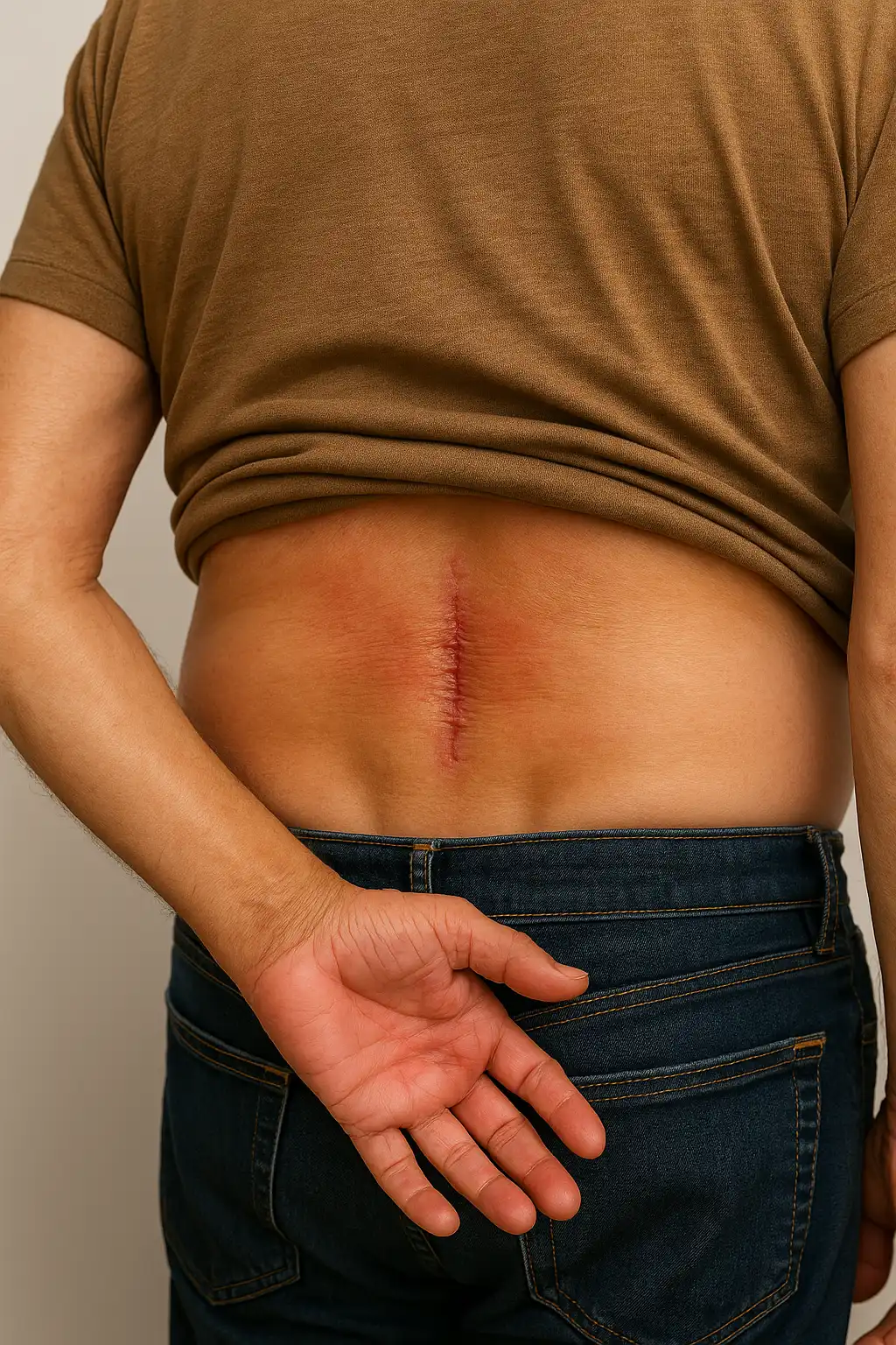 A person lifting their shirt to reveal a healed vertical surgical scar on the lower back, with surrounding redness indicating post-spinal surgery healing.