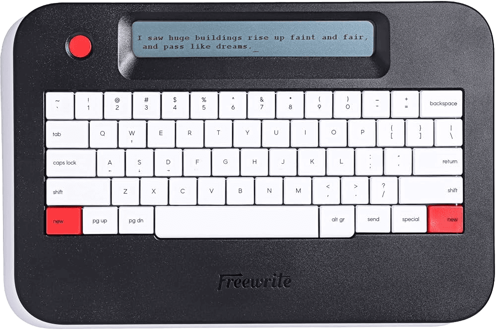Freewrite Alpha Raven digital typewriter, a black device with white keys, red function keys and a small grey text display.