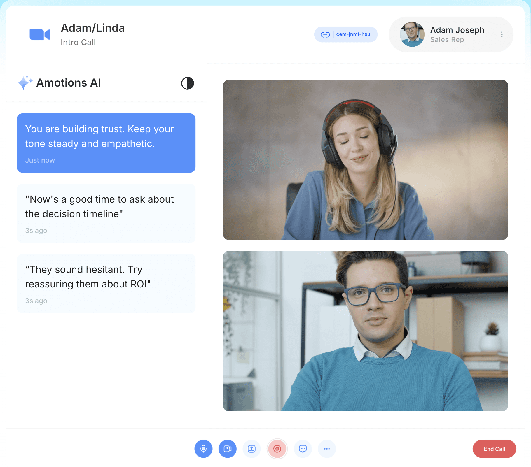 Amotions AI in-call coaching interface
