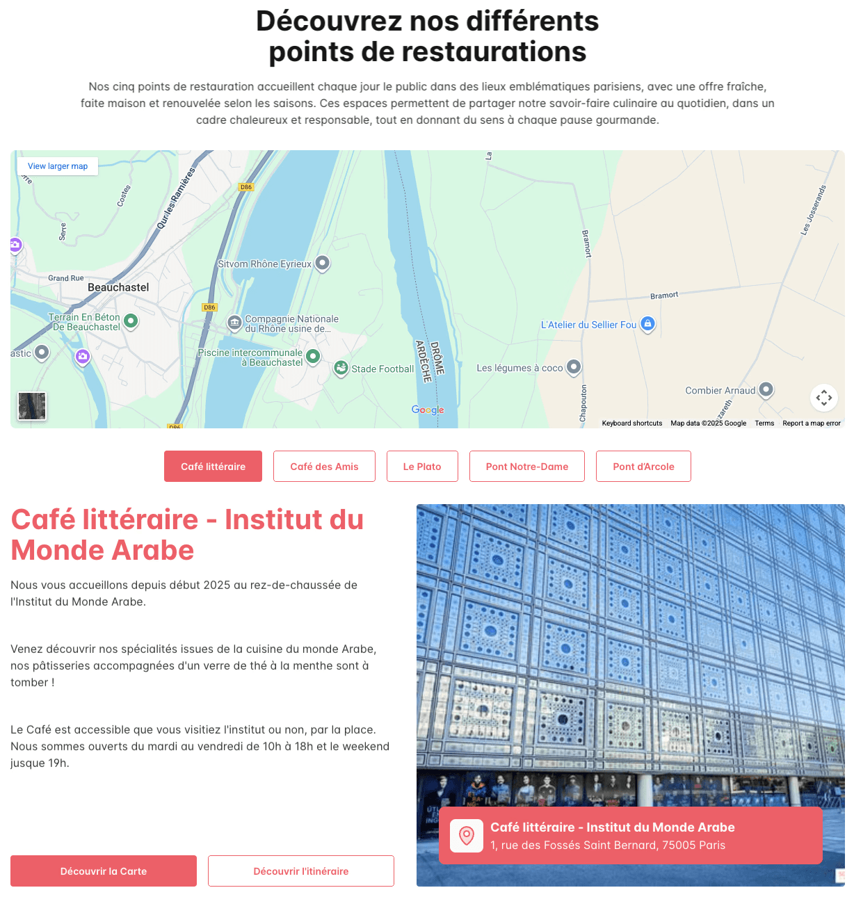 Différents lieux proposé sur le Site de La Table de Cana, développé par Ilies MANATA, Développeur Expert Framer & Ux / Ui Designer, Freelance, Nord